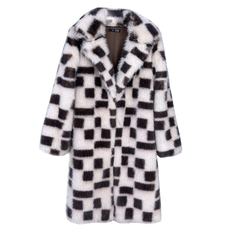 Fox Fur Plaid Mid-length Collar Furry Coats