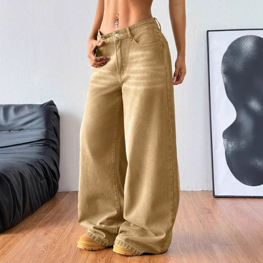 Khaki Leisure Cargo Washed Loose Straight Jeans