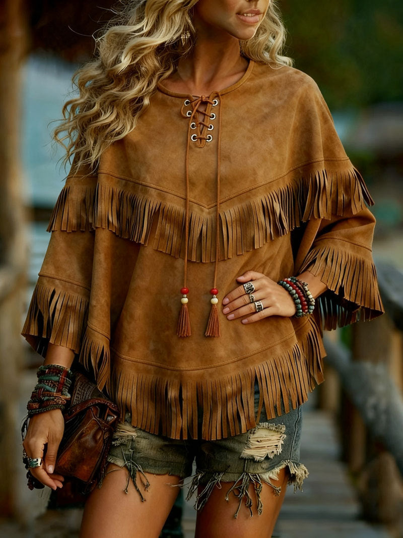 Women's Batwing Sleeve Suede Tassel Long Ethnic Style Women's Vest