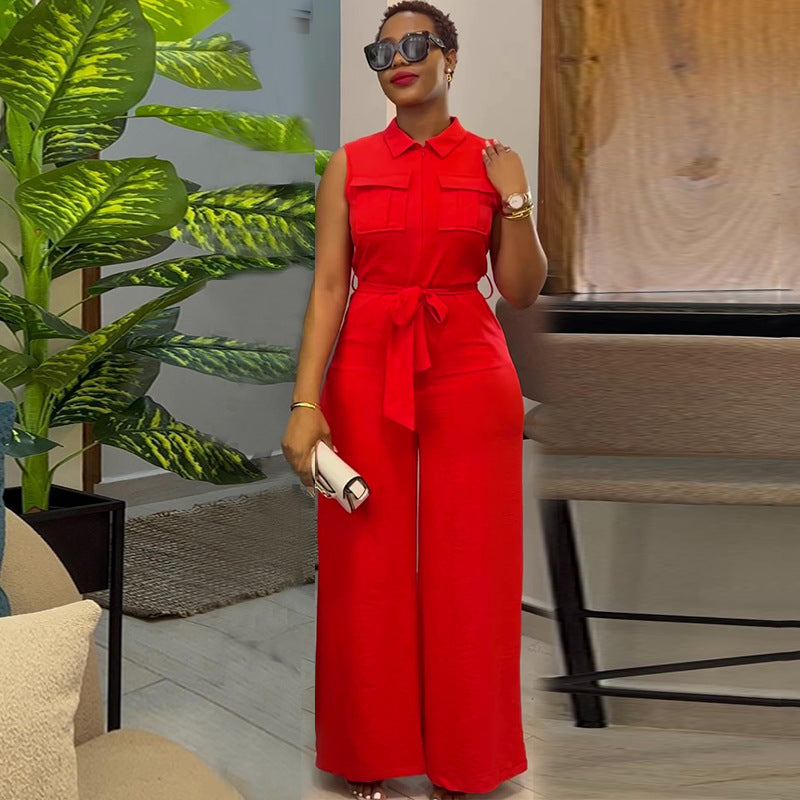 Women's Spring Lapel Pocket Waist Trimming Loose Jumpsuits
