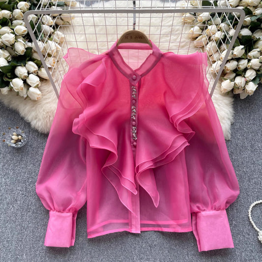 Women's Autumn Light Luxury Fairy Style Ruffled Long-sleeved Shirt Mesh Blouses