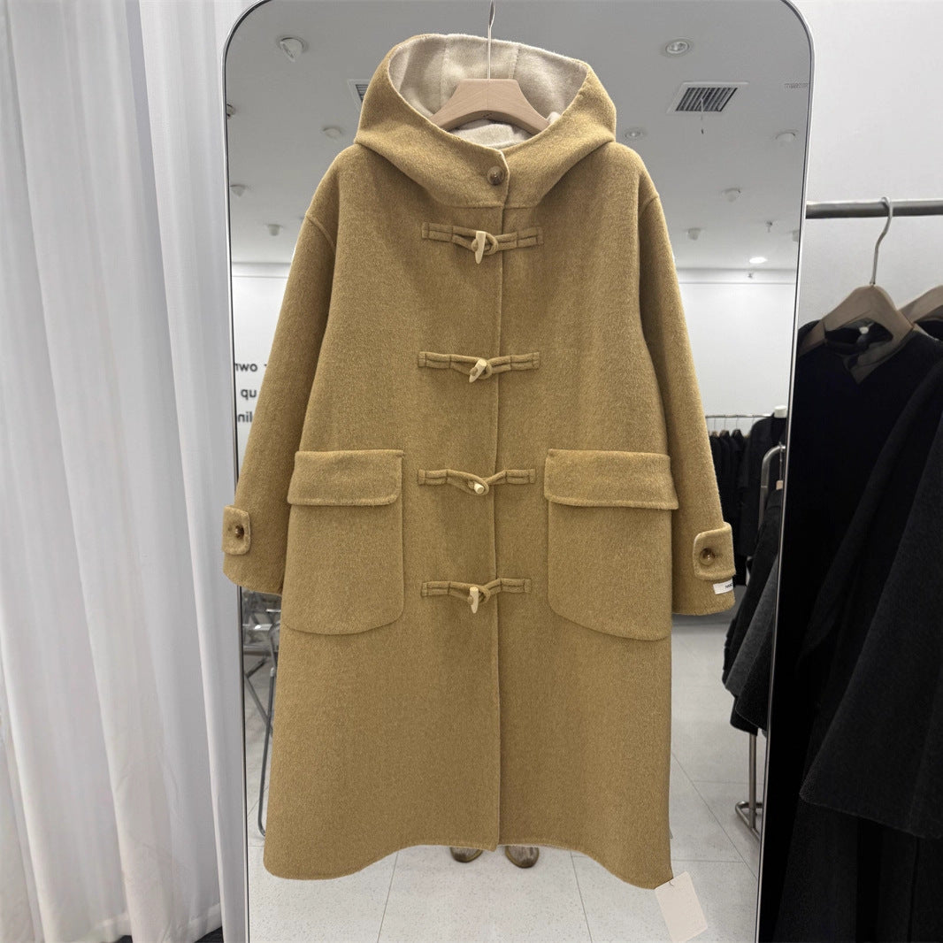 Women's Button Double-sided Wool Overcoat Loose Hooded Alpaca Coats