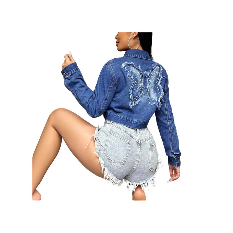 Embroidered Cloth Stickers Butterfly Denim Long Jackets