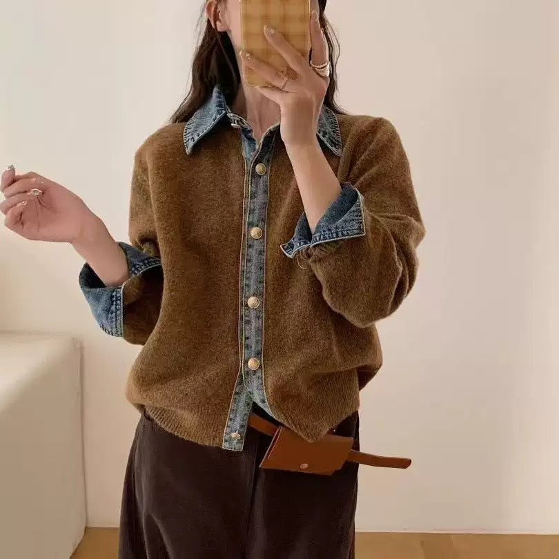 Denim Stitching Fake Two Pieces Female Sweaters