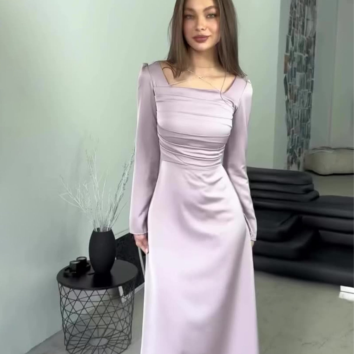 Women's Spring Tied Long Sleeves Satin Dress Dresses