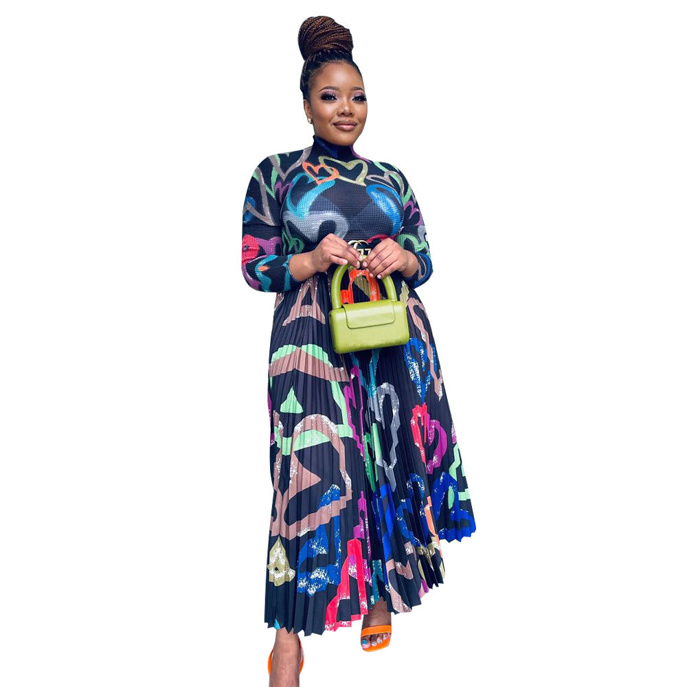 Women's Independent Printed Pleated Two-piece Set Oversized Suits