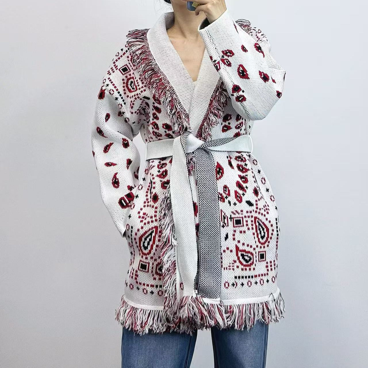 Bohemian Tassel Jacquard Mid-length Loose Lapels Sweaters