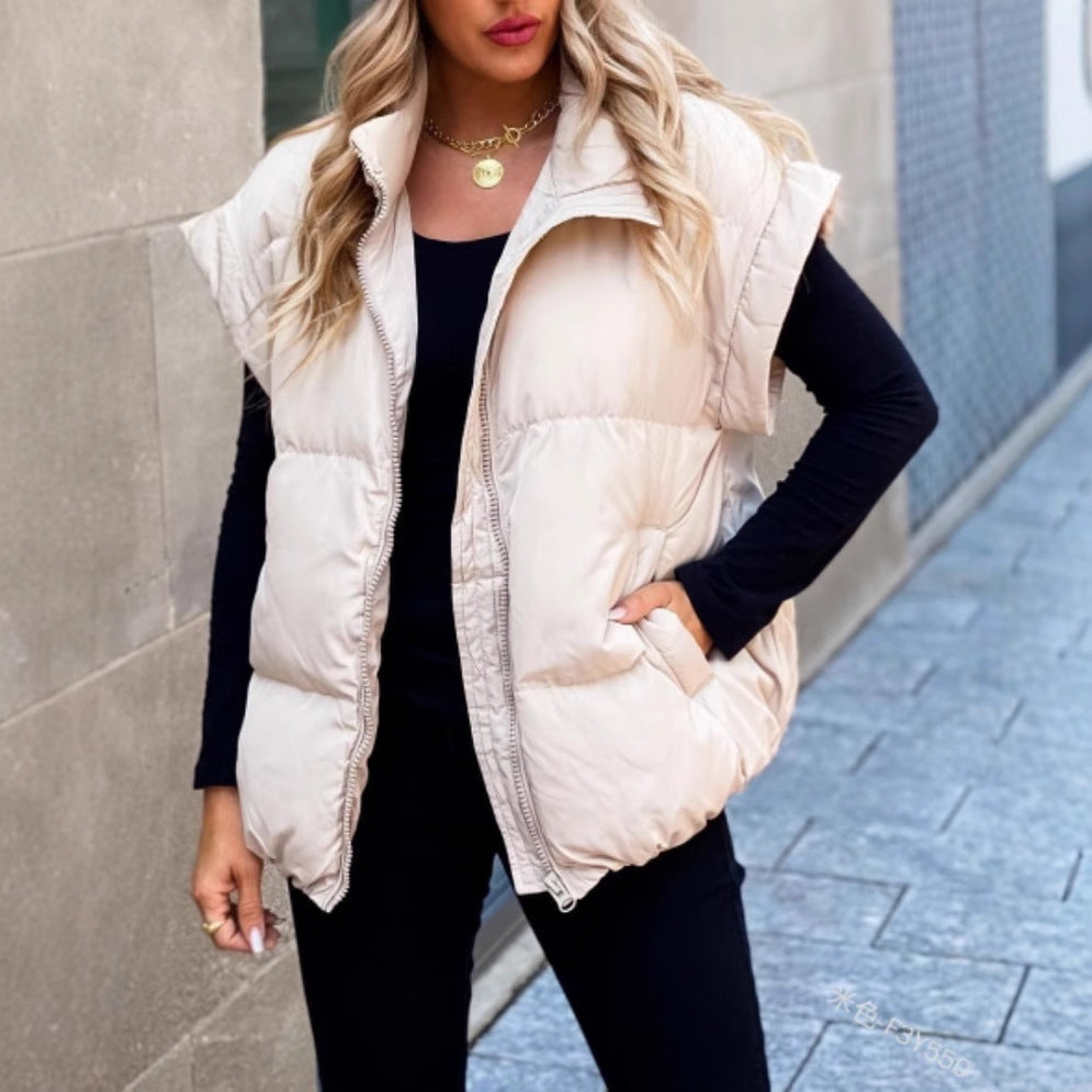 Women's Fashion Solid Color Zipper Pocket Stand-up Vests