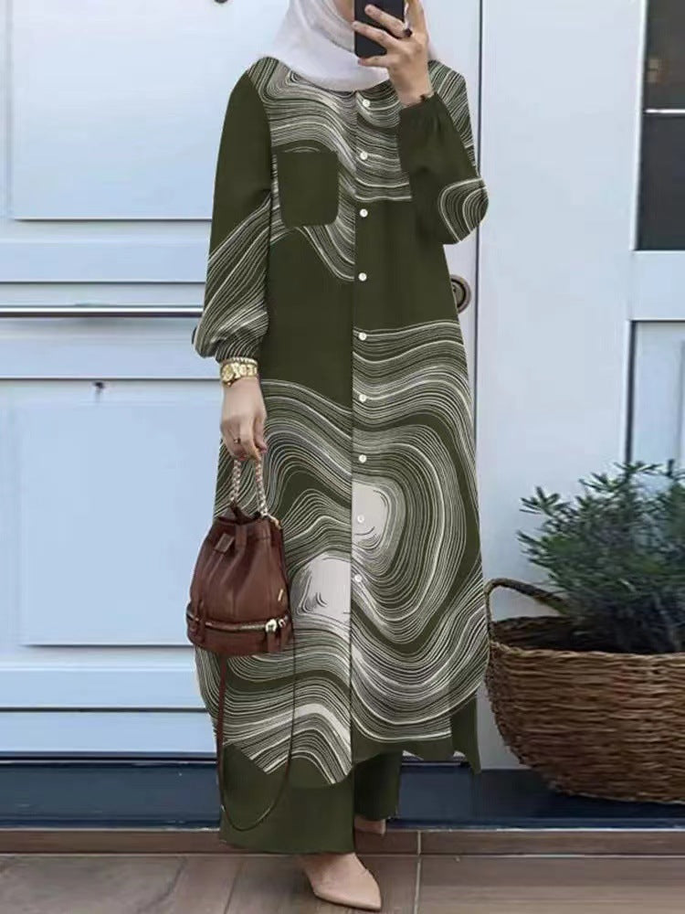 Women's Muslim Temperament Patchwork Long Sleeve Lapel Blouses