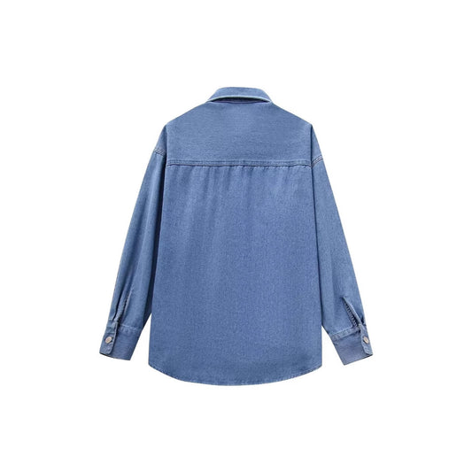 Women's Faux Pearl Long Sleeve Lapel Denim Knitwear