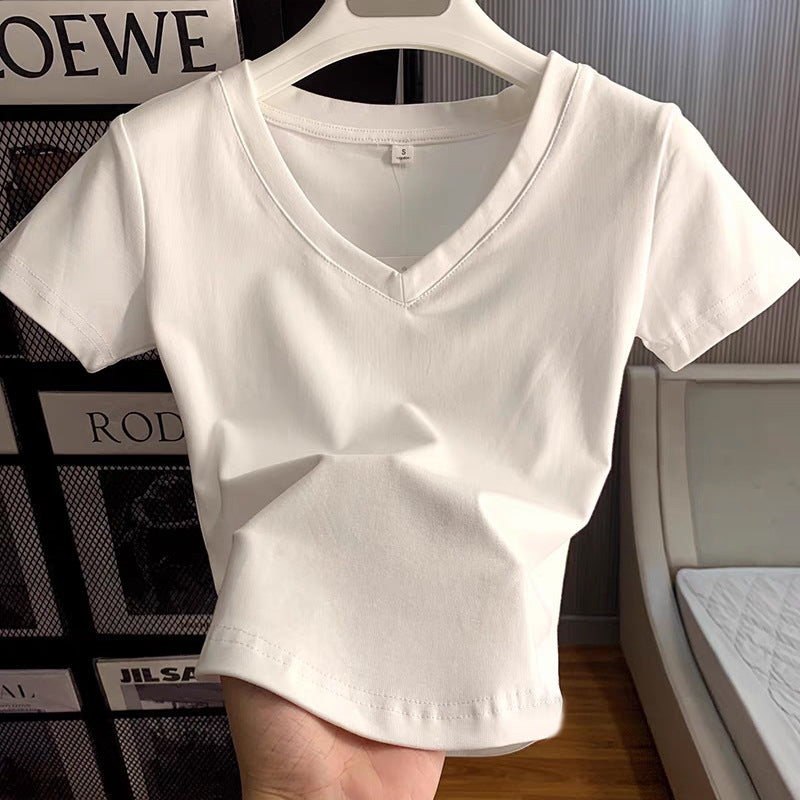 Women's Cotton White Round Neck Shoulder Short-sleeved Tops