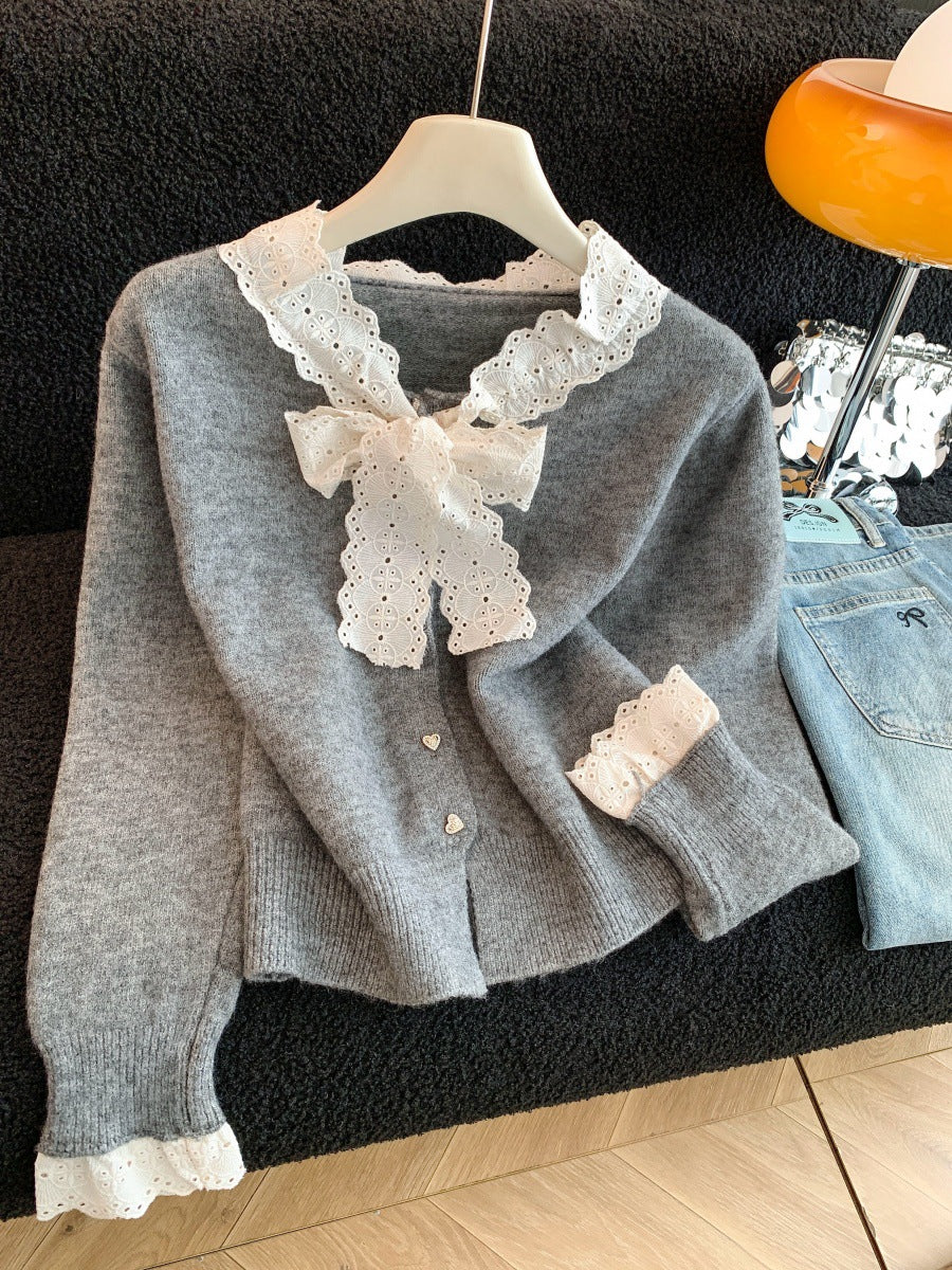 Korean Style Lace Bow Single-breasted Soft Glutinous Sweaters