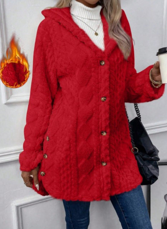 Hooded Solid Color Button Long Sleeve Women's Sweater, Sweater