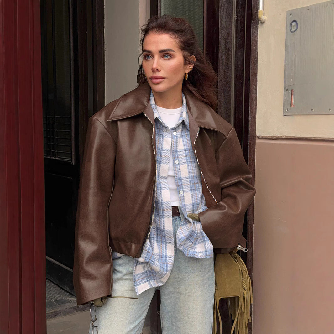 Women's Retro Style Wine Red Leather Autumn Jackets