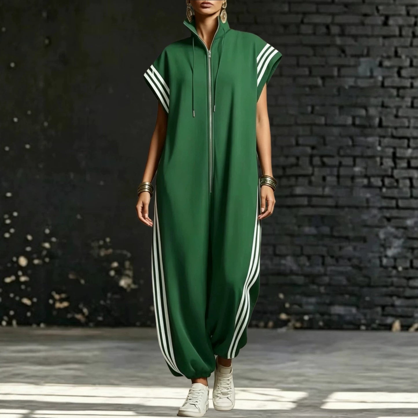 Women's Zipped Stand Collar Striped Contrast Color Jumpsuits