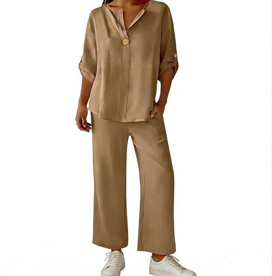 Women's Two-piece Simple Solid Color Sleeve Trousers Fashion Casual Suit