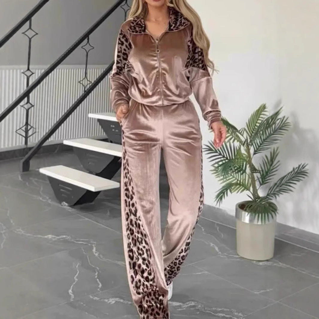 Leopard Print Contrast Color Long-sleeved Sportswear Fashion Casual Suit
