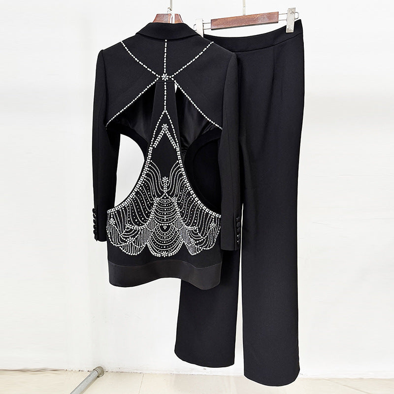 Summer Personality Hollow Out Rhinestone Trousers Fashion Casual Suit