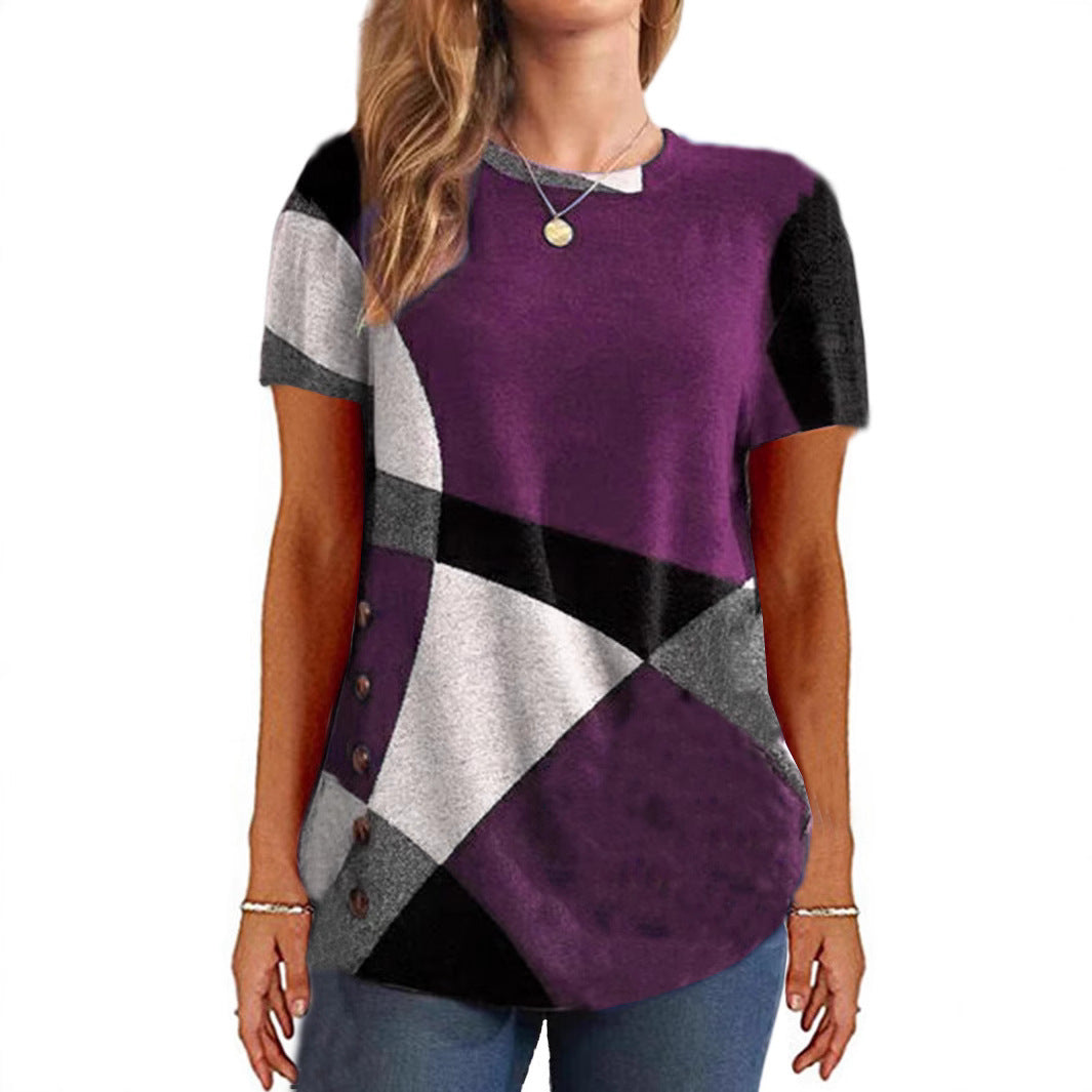 Women's French Cashmere Printing Color Contrast Sleeve Women's T-shirt