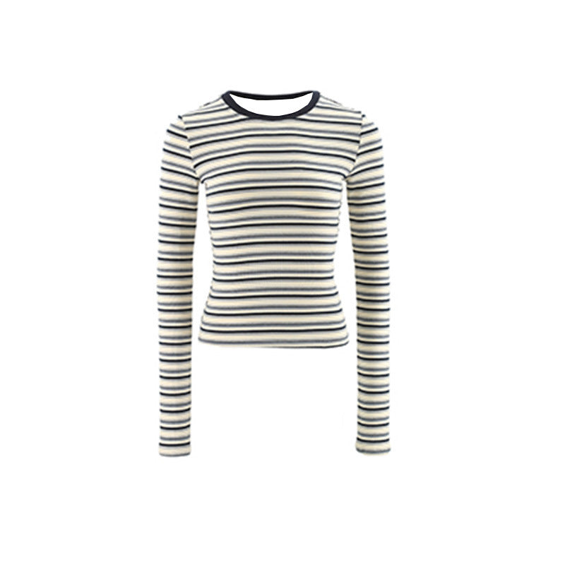 Women's Contrast Color Round Neck Striped Long-sleeved American Women's T-shirt