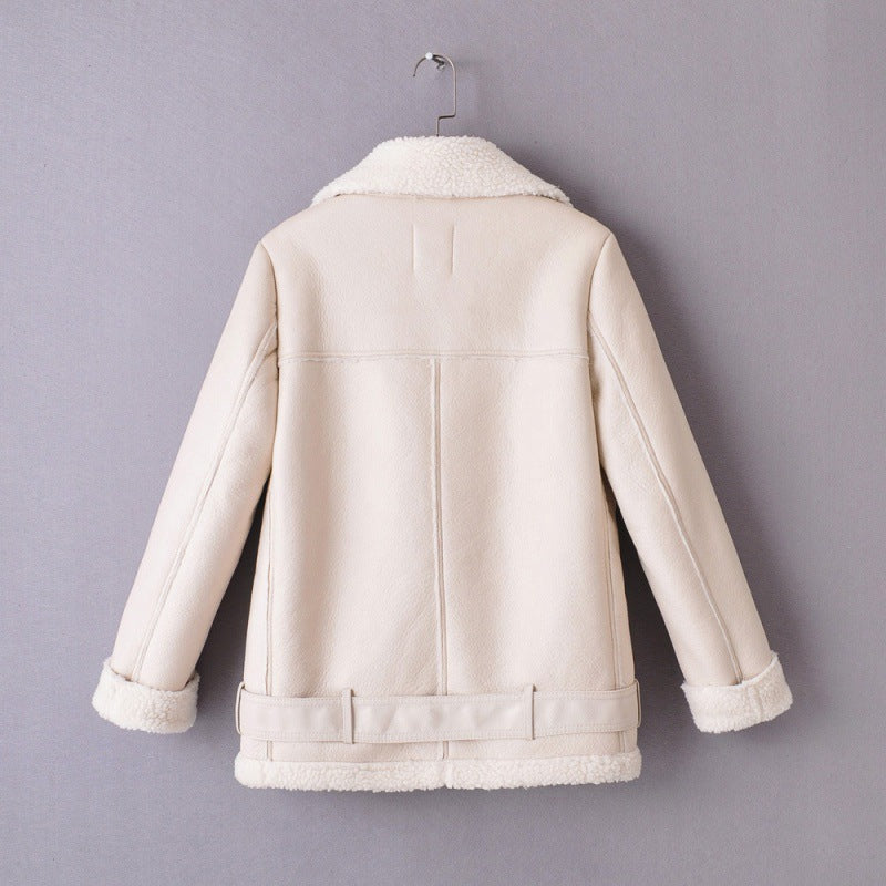 Women's Fur Stitching Leather Thickened Solid Color Coats