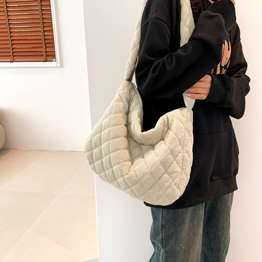 Women's Cotton Corduroy Blue Korean Style Large Crossbody Bags