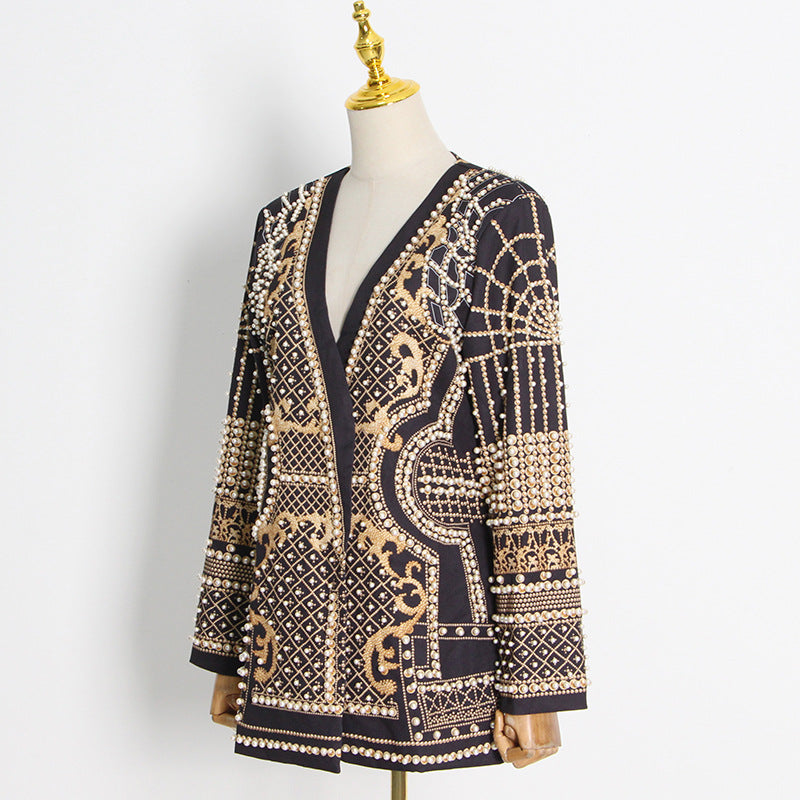 Women's French Style Small Fashion Bead Printed Long Sleeve Blazers