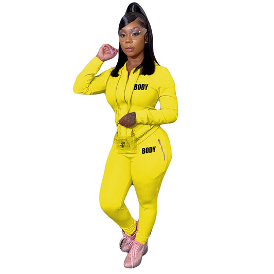 Women's Autumn Letters Printing Personality Zipper Two-piece Suits