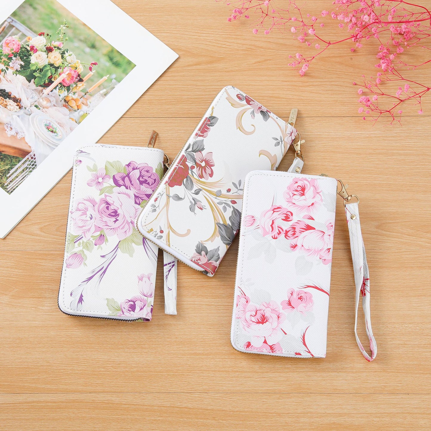 Women's Long Single-layer Printed Rose Mobile Clutch Ladies Wallets