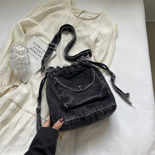 Women's Denim Large Capacity Retro Drawstring Pleated Niche Crossbody Bags