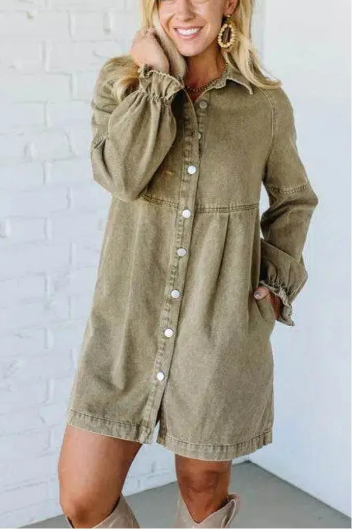 Women's Denim Button Lotus Leaf Long Sleeve Loose Dresses