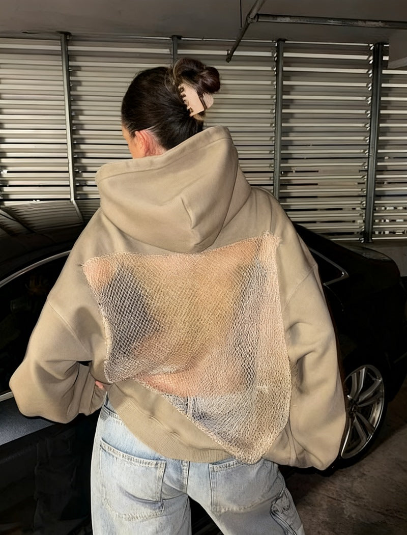 Women's Hooded Long Sleeve Backless Stitching Mesh Women's Sweater, Sweater