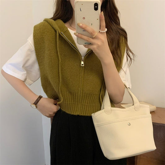 Women's Vintage Casual Solid Color Outerwear Zipper Hoodie With Drawstrings Early Women's Vest