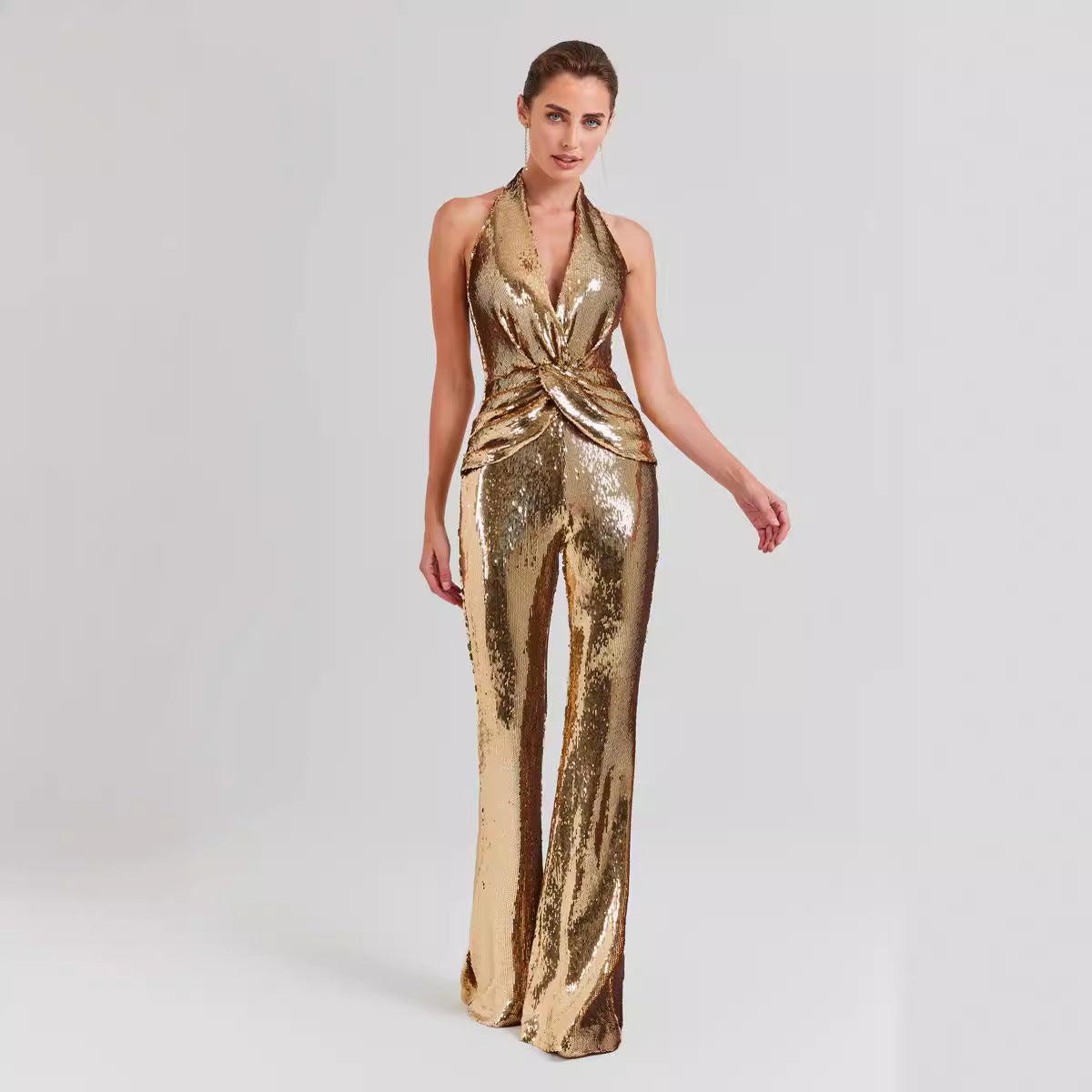 Women's Sequined Halter Sexy Deep Twisted High Jumpsuits