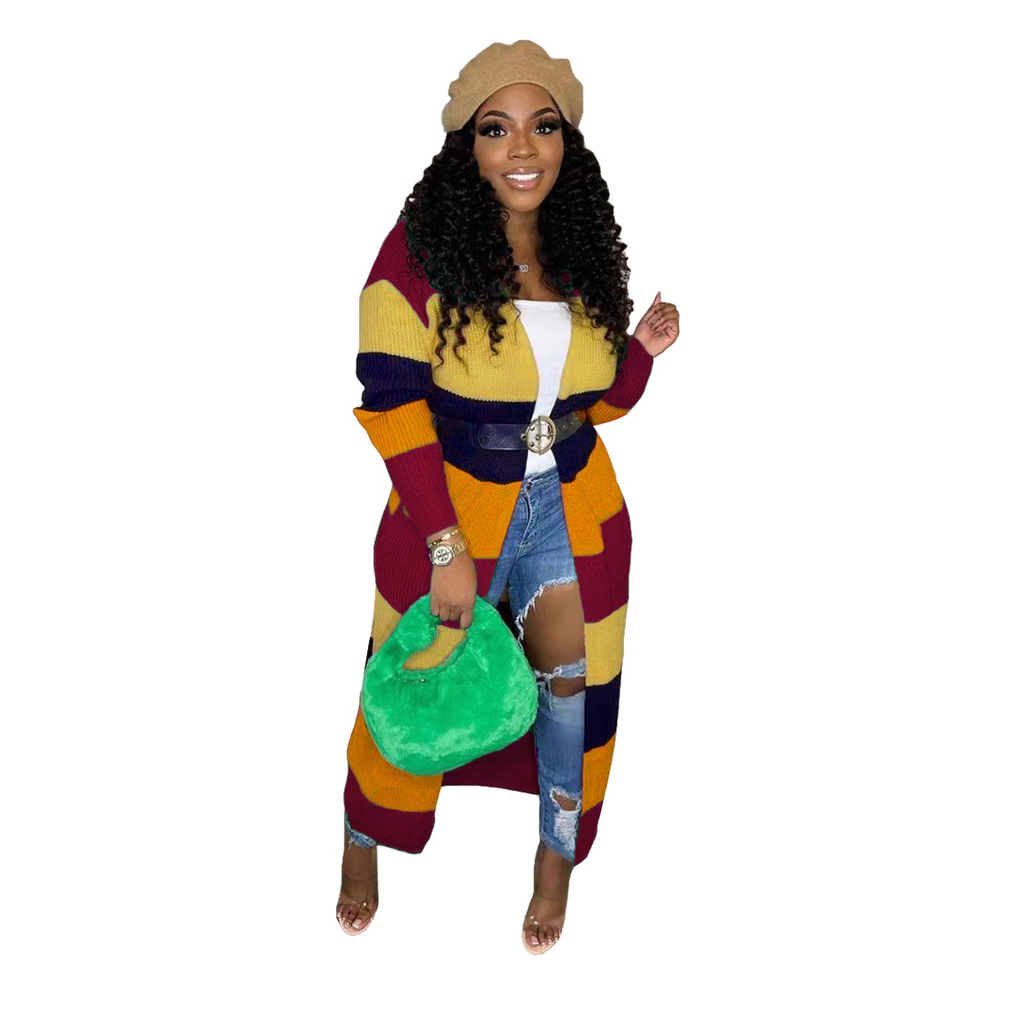 Women's Casual Contrast Color Handmade Knitted Long Sweaters