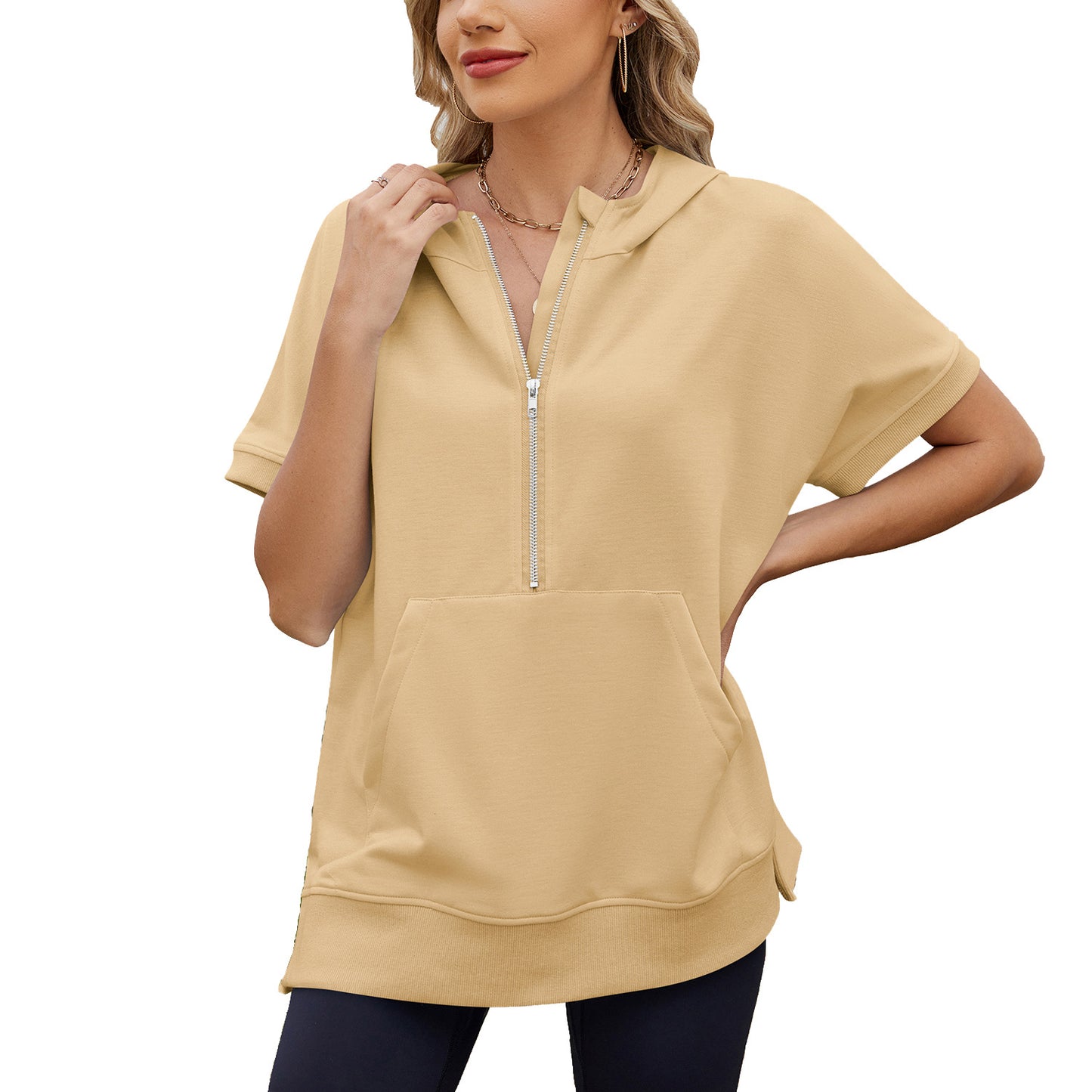 Loose Sleeve Zipper Pocket Thin Hoodies Women's Sweater, Sweater