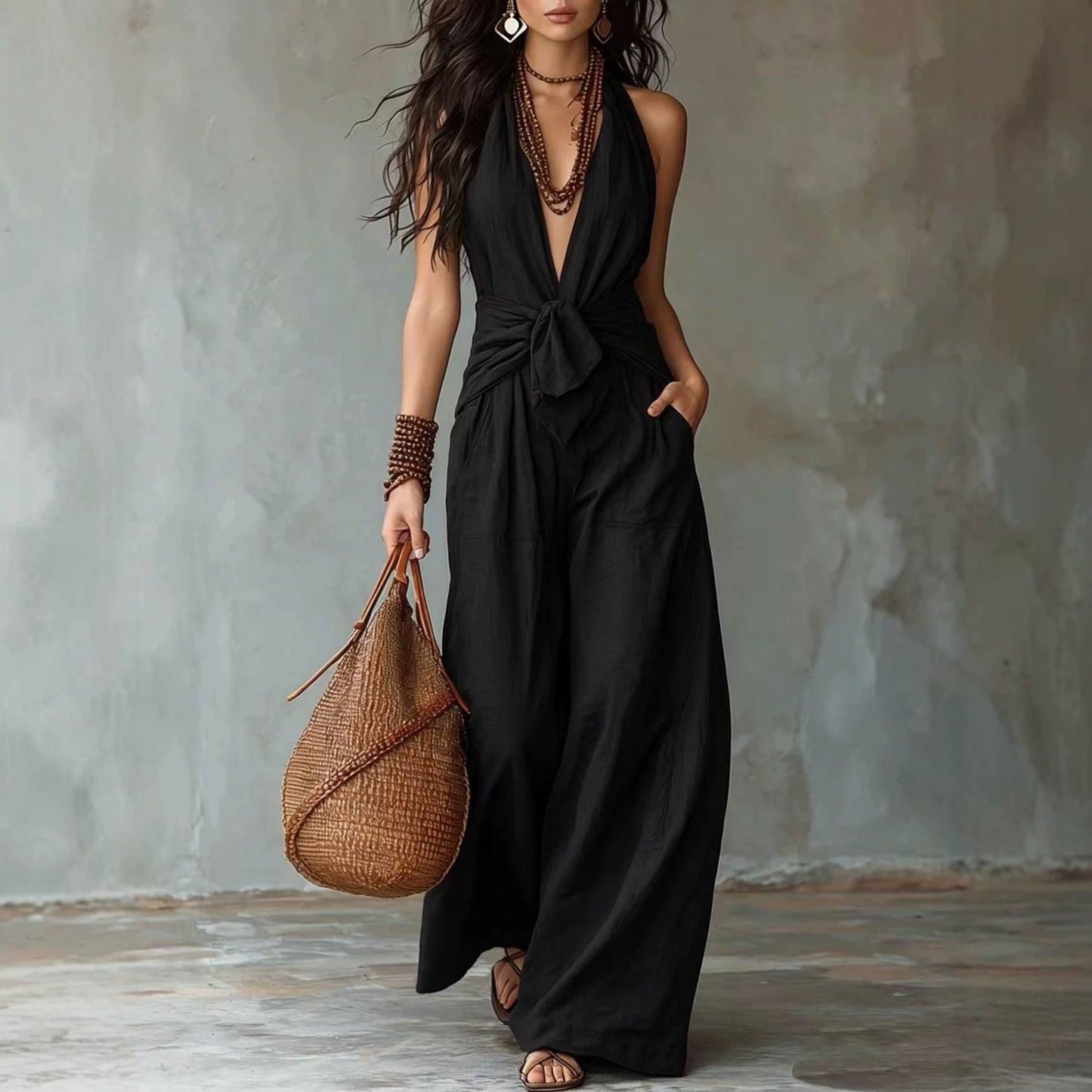 New Women's Elegant Sleeveless Halter Waist Women's Jumpsuit/clothing