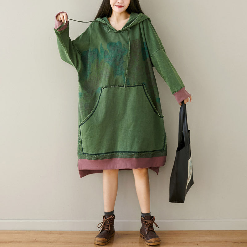 Hooded Dress Distressed Print Long Artistic Stitching Lang Sweaters