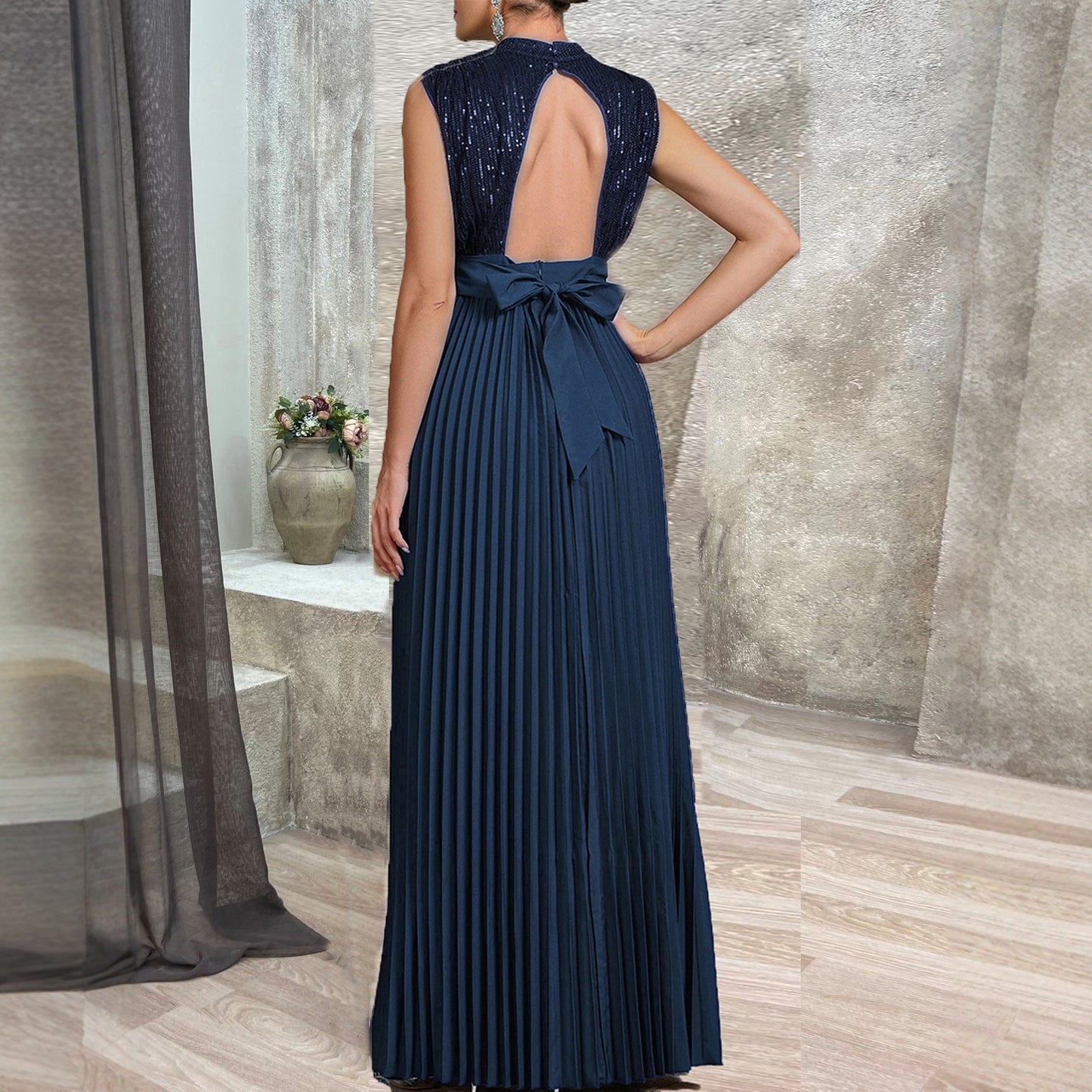 Women's Backless High Waist Pleated Dress Summer Dresses