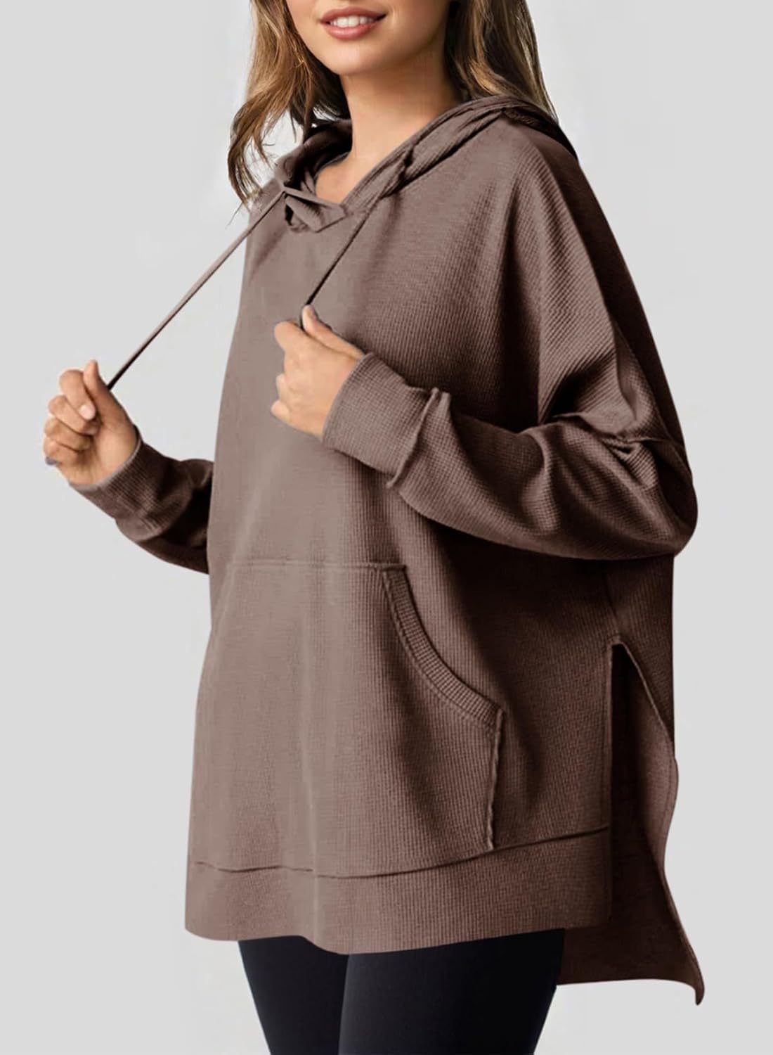 Women's Hoodie Waffle Knitted Side Slit Pullover With Pocket Women's Sweater, Sweater