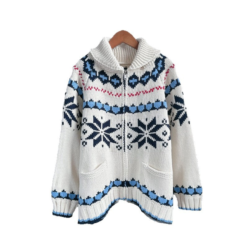 Women's Snowflake Jacquard Atmosphere Loose Zip Lapel Sweaters