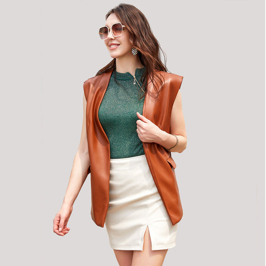 Women's Popular Sleeveless Leather Waistcoat Loose Vests