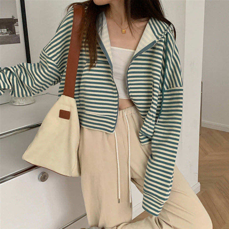 Women's Style Vintage Stripe Hoodie Casual Zipper Tops