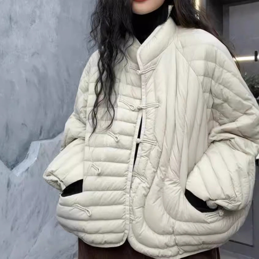 Women's White Duck Down Stand Collar Buckle Jackets