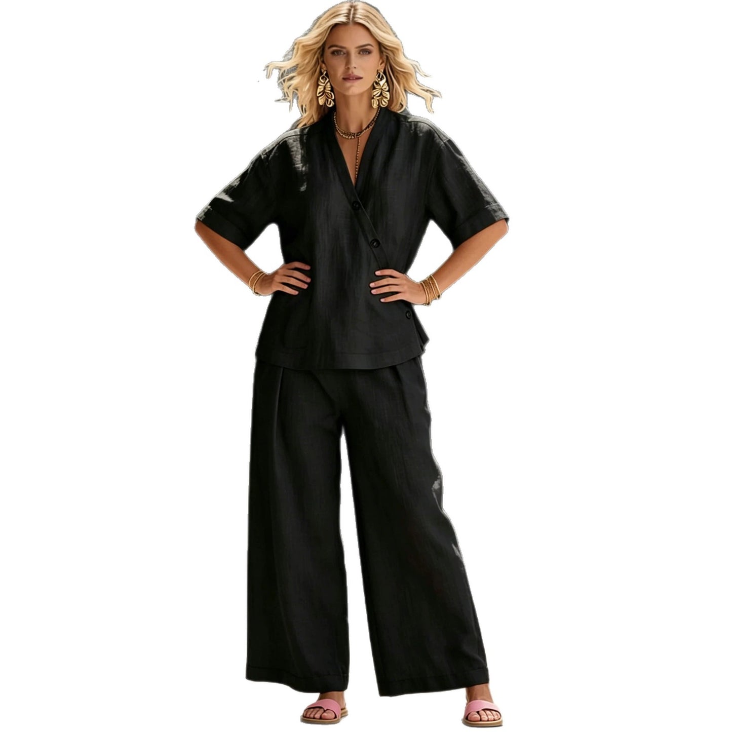 Women's Solid Color Loose Short-sleeved High Waist Trousers Fashion Casual Suit