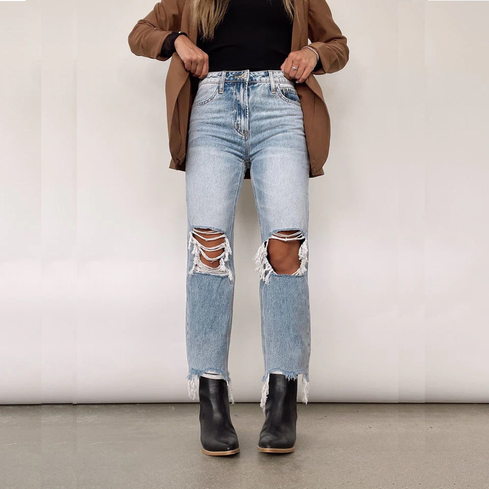 Washed Hole High Waist Loose Straight Jeans