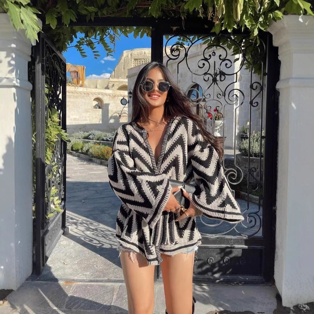 Women's Autumn Black White Striped Belt Fashion Long Clothing