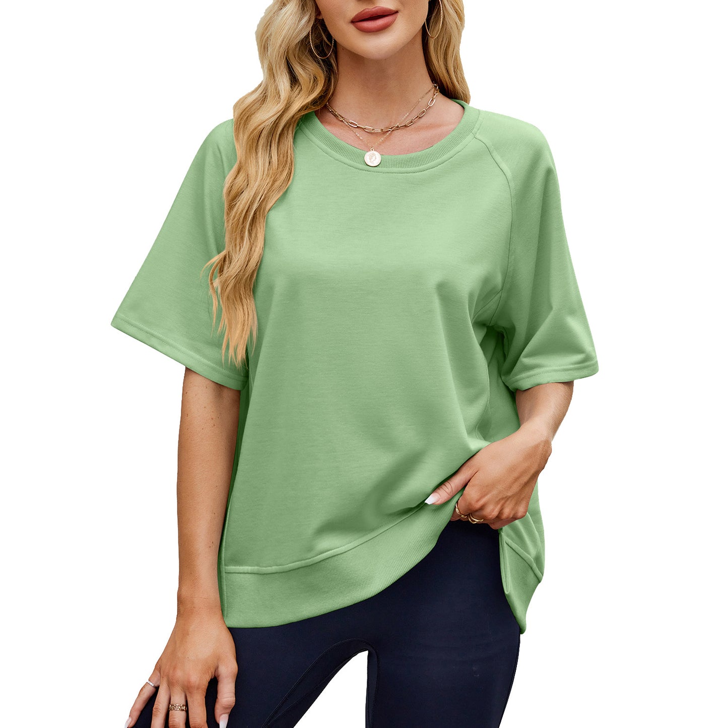 Women's Solid Color Thread Round Neck Shirt With Half Sleeve Shorts