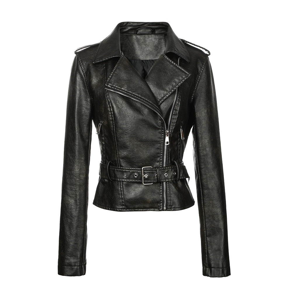 Women's Motorcycle Leather Lapel Epaulet Design Back Jackets
