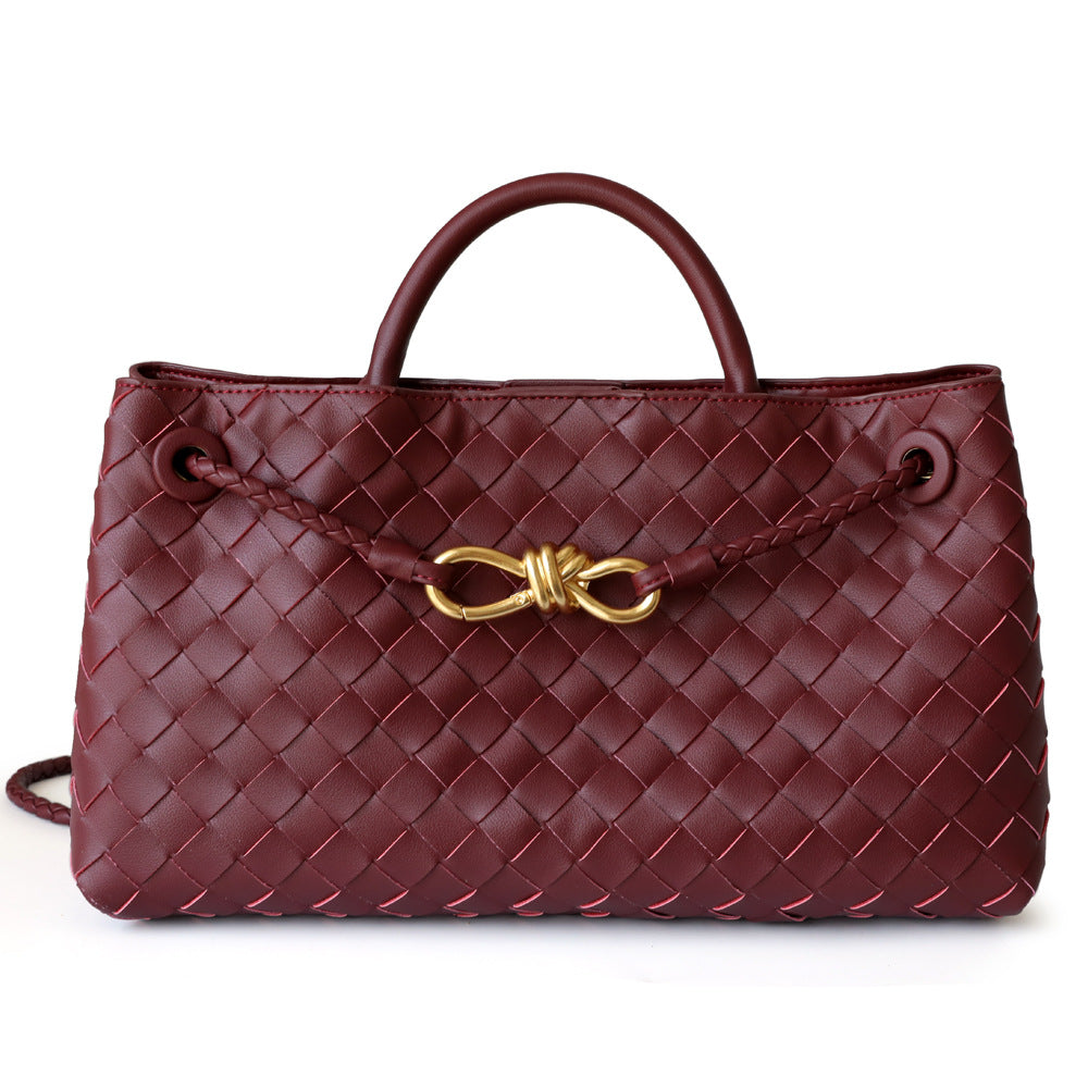 Women's Niche Metal Cord Fastener Woven Genuine Bags